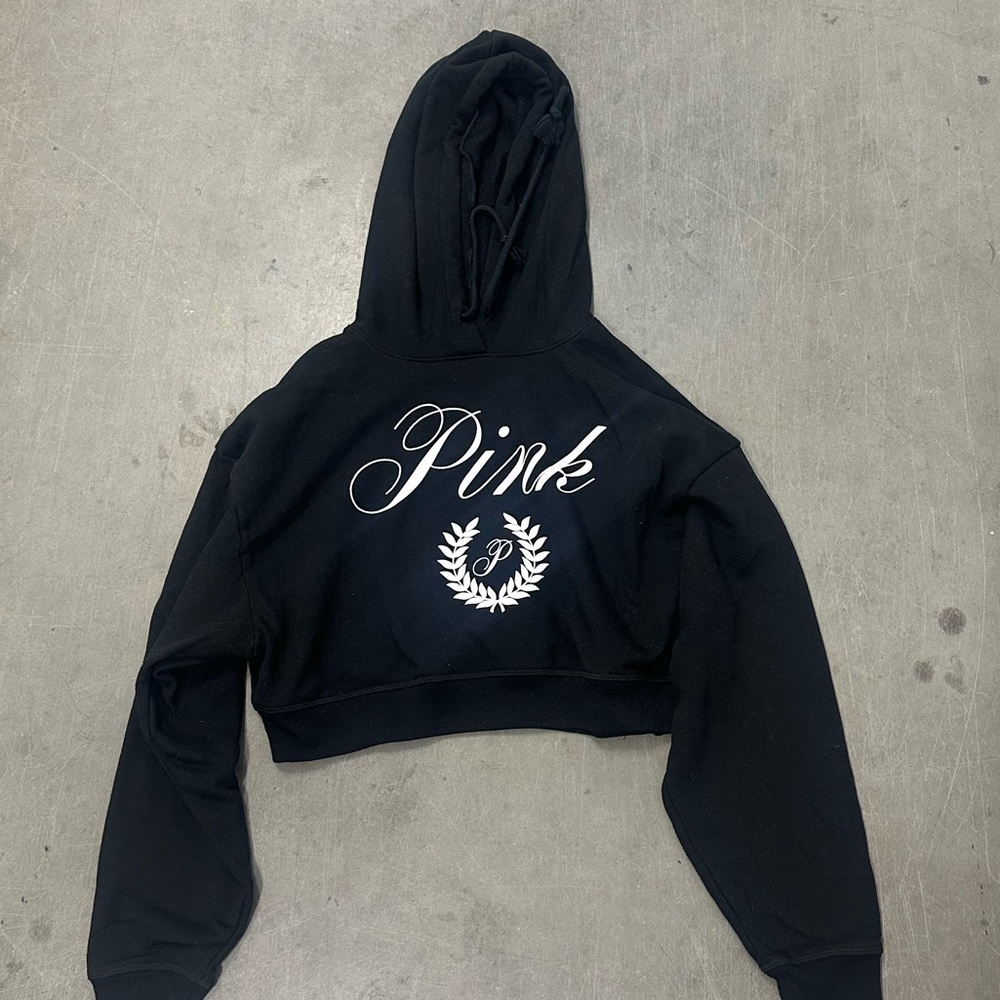 Cropped PINK Victoria's Secret Black Hoodie with White Script XS